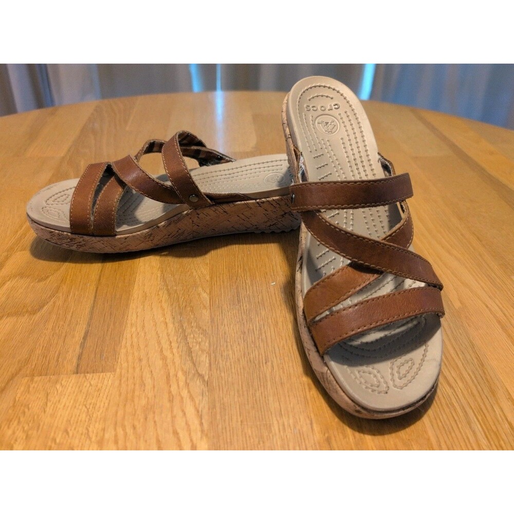 Crocs A-Leigh Sandals Women’s 7 Brown Leather Wedge Strappy Slide Shoes